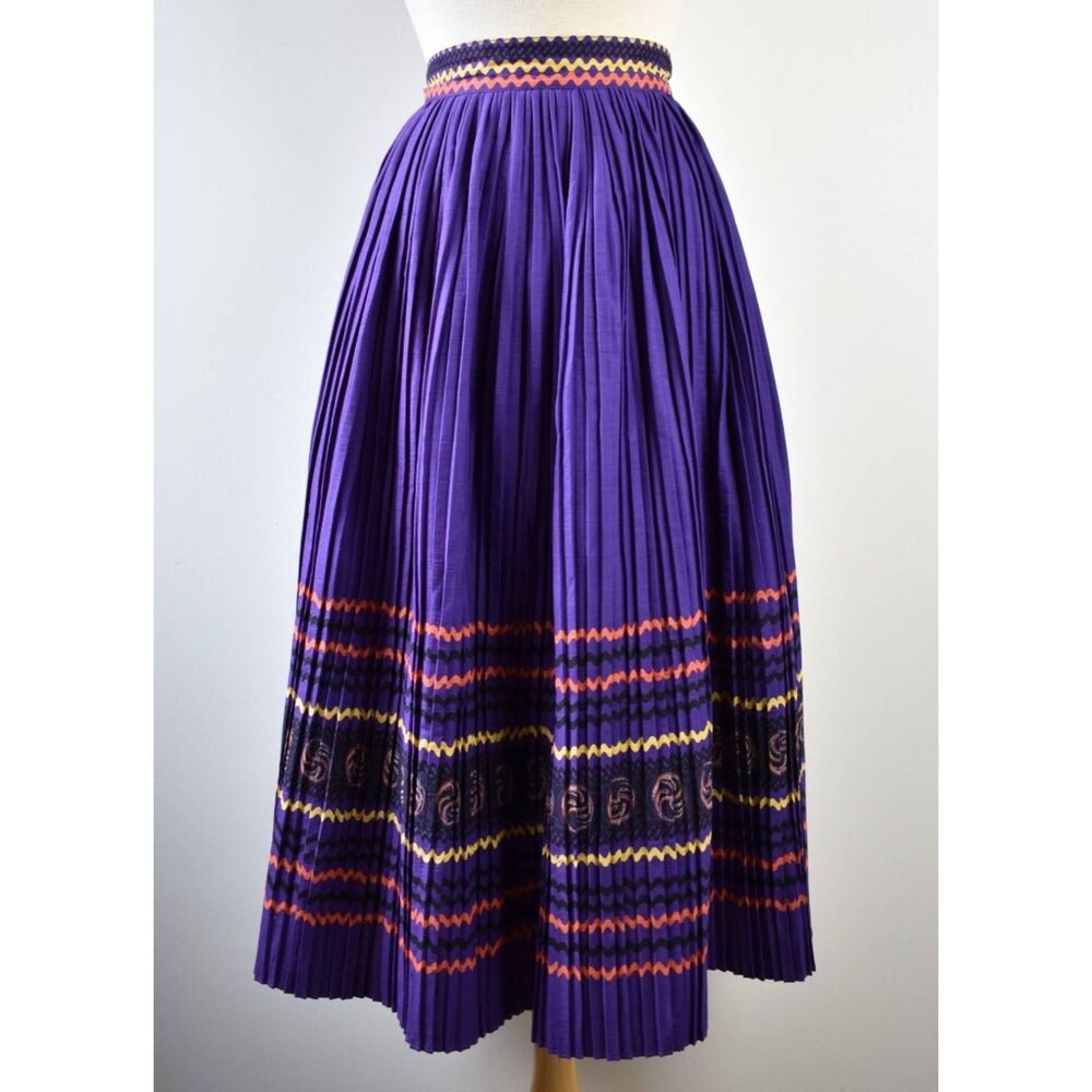 Deadstock Vintage Purple Ric Rac Print Pleated Skirt - Patio Dress Style